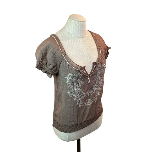 Mine Embroidered Boho Womens Small Top Brown Cotton Rayon Blend - Picture 7 of 10